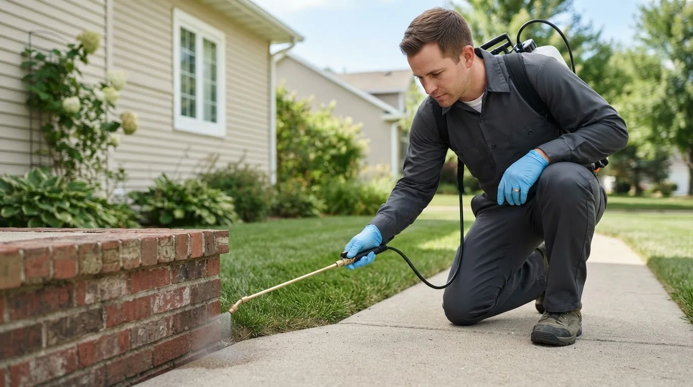 Pest control technician treating a home near Burlington, IN