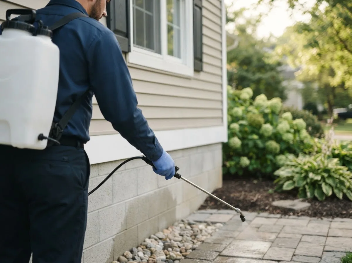 Pest control technician inspecting a home in Burlington, IN